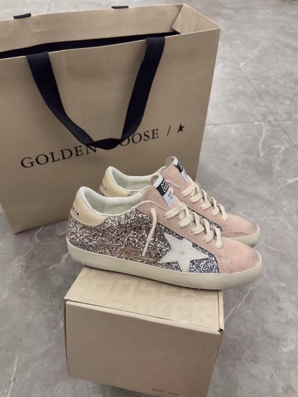 Golden Goose Blush Pink Suede Sneakers with Silver Glitter Star - Picture 2 of 10